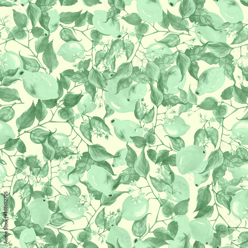 Vintage seamless watercolor pattern - hand drawing threads of lemon, lime with leaves. Trendy pattern. Painting
Citrus fruits. The picture is yellow and green. Branch with citrus fruit.Monochrome.