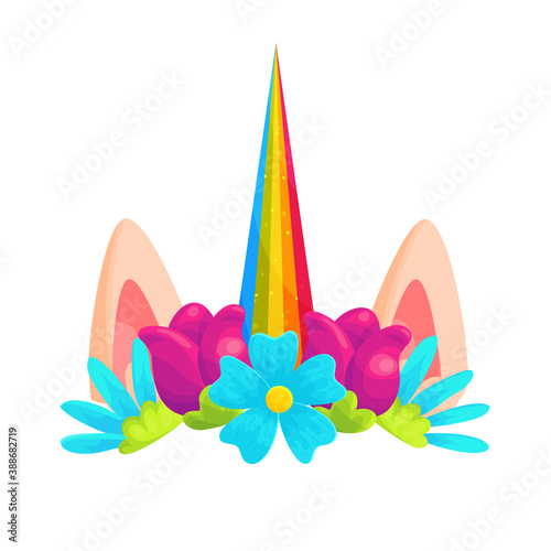 Unicorn headband with floral wreath cartoon illustration. Fairytale horse ears and rainbow horn, roses and camomiles stylized crown. Cute video chat effect with magic animal headwear