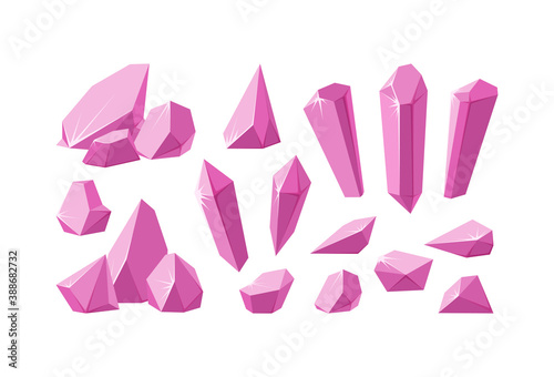 Crystals and pink gemstones. Set of ruby crystal prisms and pieces with sparkling facets. Amethyst gems of various shapes. Vector illustration in cartoon style