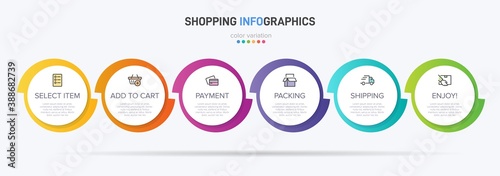 Concept of shopping process with 6 successive steps. Six colorful graphic elements. Timeline design for brochure, presentation, web site. Infographic design layout.