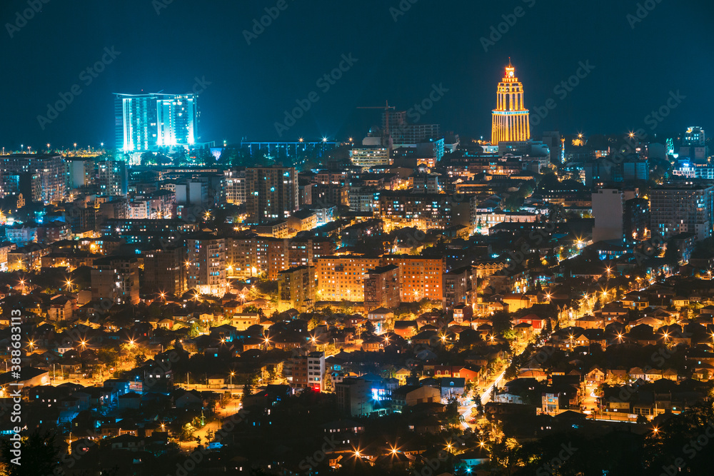 Batumi, Adjara, Georgia. Aerial View Of Urban Cityscape At Evening Or Night. Night Illumination