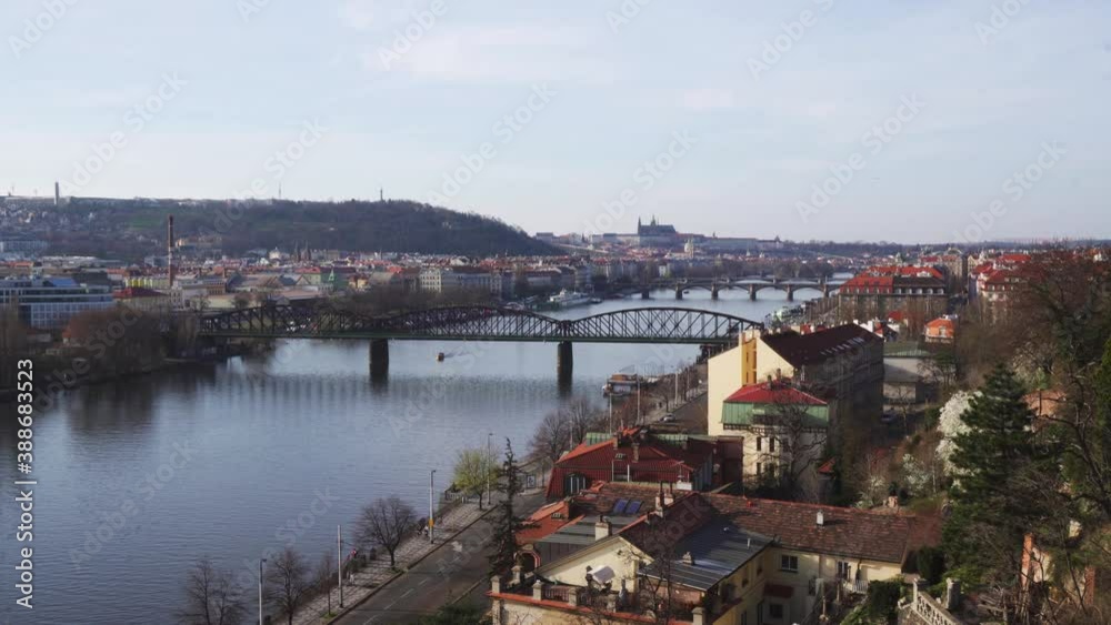 Beautiful view of whole Prague city from Upper Castle, Vltava river and bridges in spring colors, static long shot Beautiful view of whole Prague city from Upper Castle, Vltava river and bridges in spring colors, static long shot
