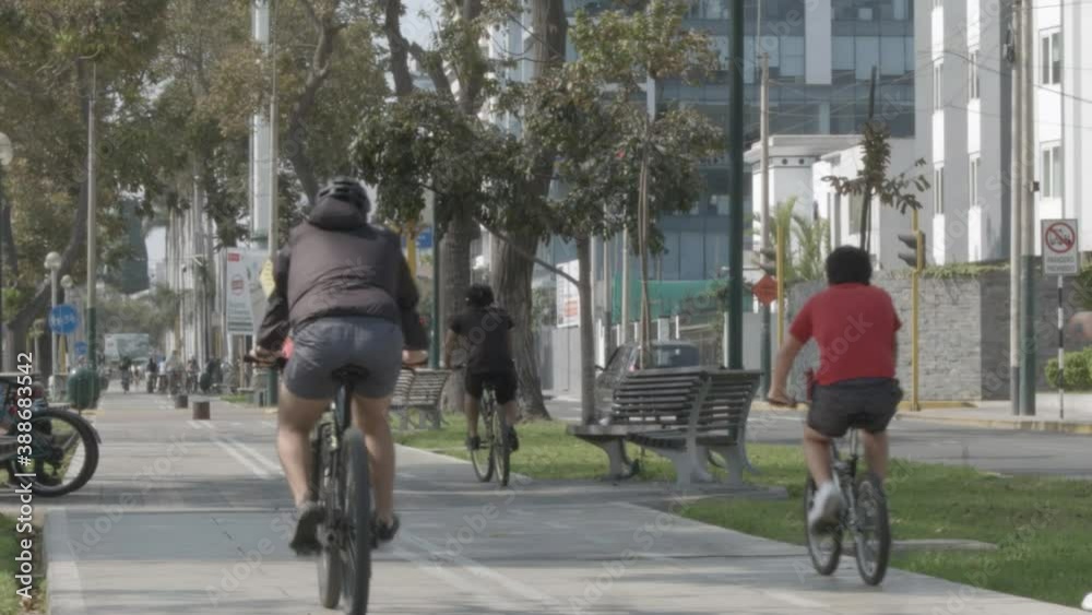 Gruop of cyclists riding on a bikeway with trees in Lima, Peru Gruop of cyclists riding on a bikeway with trees in Lima, Peru