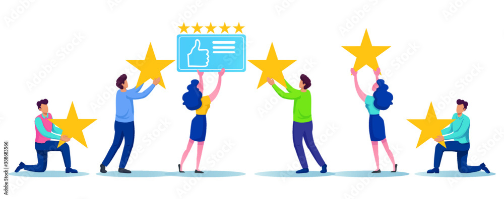 Group of people carry 5 stars and thumb up icons together concept.