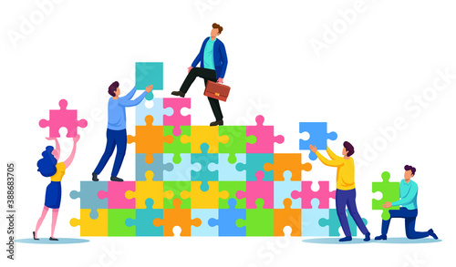 Teamwork connecting puzzle together to reach success in business.
Group of people holding puzzle teamwork concept.