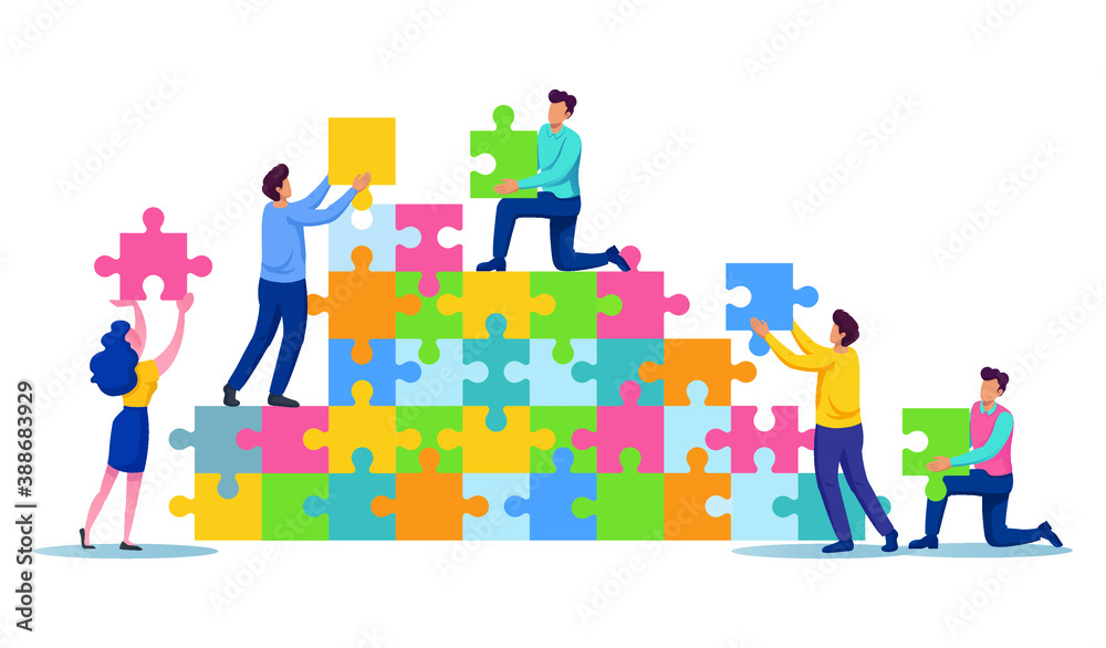 Teamwork connecting puzzle together to reach success in business.
Group of people holding puzzle teamwork concept.