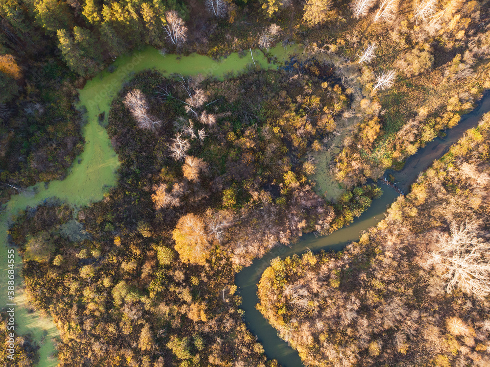 Aerial drone view of autumn landscape with river. Aerial drone view of autumn landscape with river.