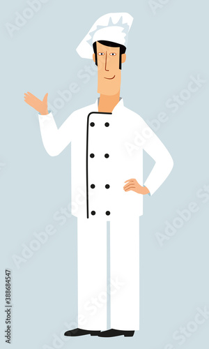 Cute lovely chef shows with his hand. Funny cartoon character. Vector graphics