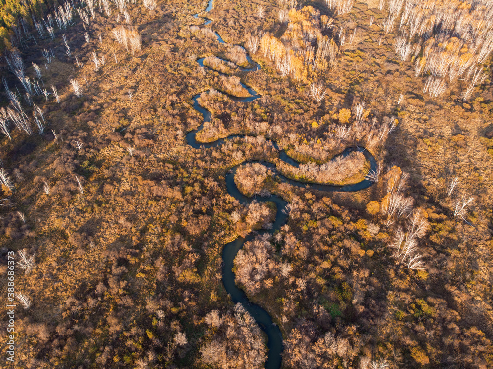 Aerial drone view of autumn landscape with river. Aerial drone view of autumn landscape with river.