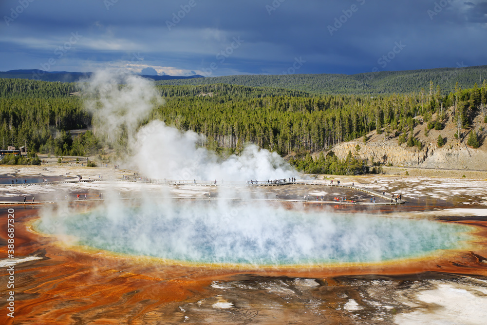 Aerial view of Grand Prismatic Spring in Midway Geyser Basin, Yellowstone National Park, Wyoming, USA Aerial view of Grand Prismatic Spring in Midway Geyser Basin, Yellowstone National Park, Wyoming, USA