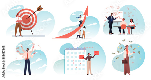 Business, teamwork, plan, training, multitasking, targeting, goal achievement, leadership set concept