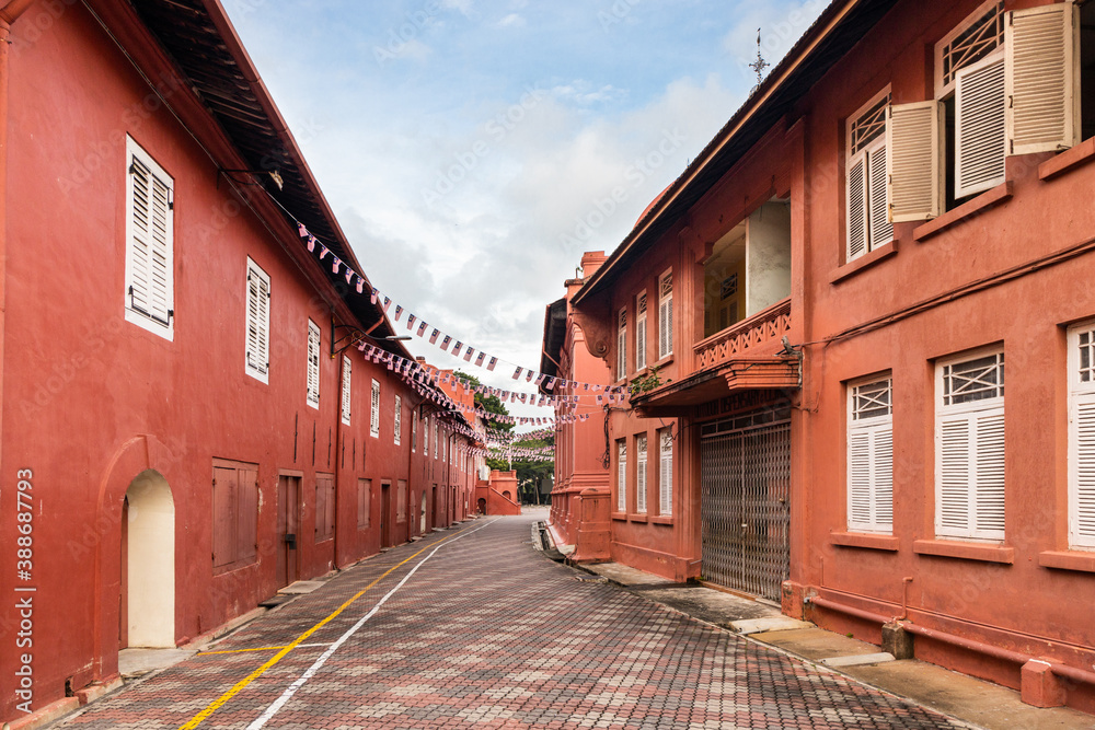 Ancient Dutch colonial buildings Christ church and Stadthuys red buildings are iconic Malacca tourism attractions. No people.