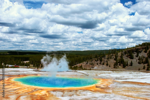 Aerial view of Grand Prismatic Spring in Midway Geyser Basin, Yellowstone National Park, Wyoming, USA