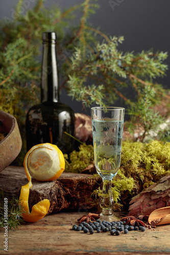 Fototapeta Naklejka Na Ścianę i Meble -  Gin in a small glass and an antique bottle of dark glass.