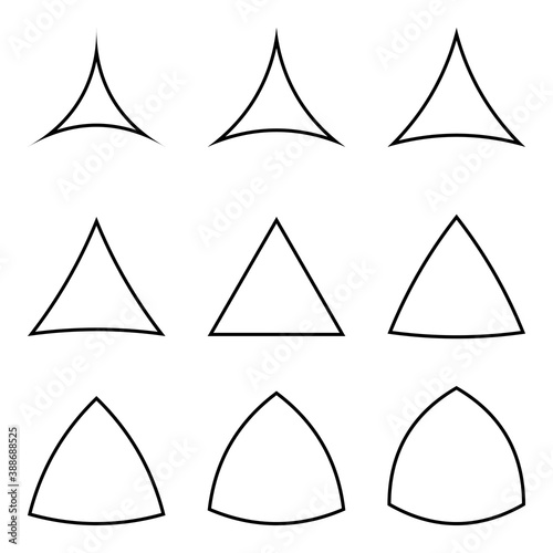 Set triangles with concave and convex sides, vector logo tattoo template triangle inflated and thin