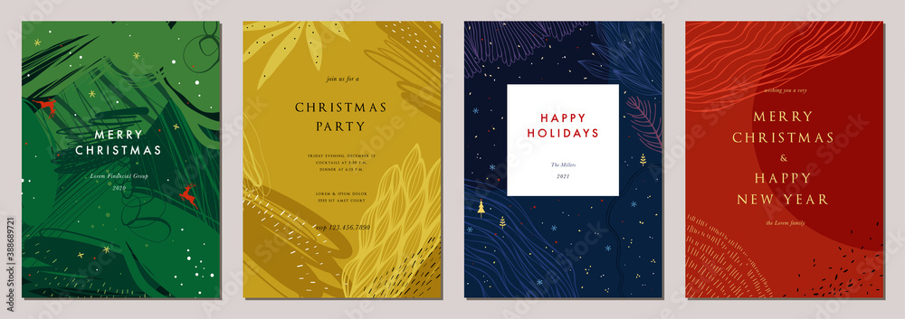 Modern universal artistic templates. Merry Christmas Corporate Holiday cards and invitations. Abstract frames and backgrounds design.