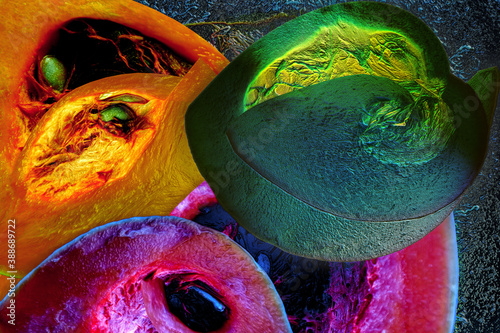 Fondo abstracto  de naturaleza tropical con grandes frutos de colores brillantes.