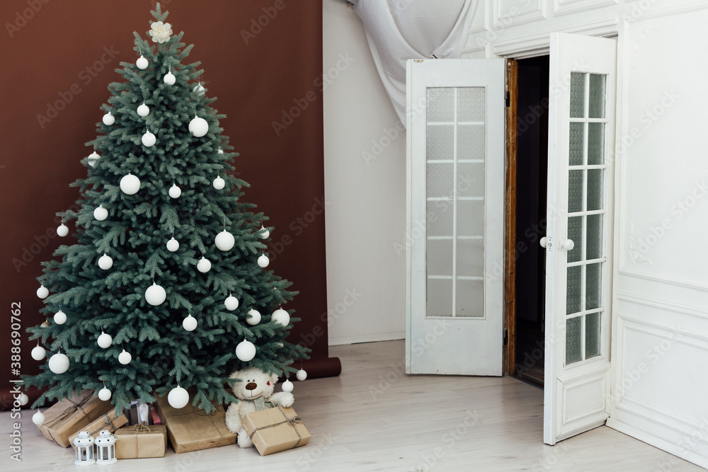 Christmas tree pine with gifts decor brown background 2021 2022 Christmas tree pine with gifts decor brown background 2021 2022