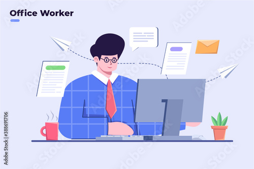 Flat illustration office workers are working at the computer, employee work in company office, office worker reading and writing business document, office employee sending and reply business e-mail.
