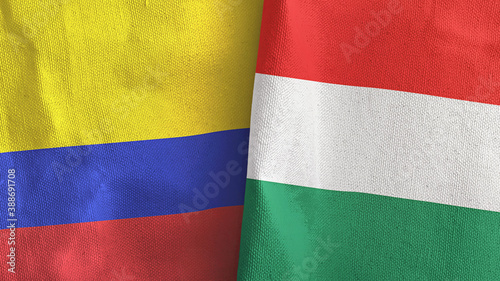 Hungary and Colombia two flags textile cloth 3D rendering