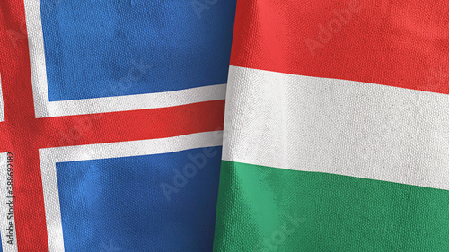 Hungary and Iceland two flags textile cloth 3D rendering