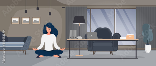 The girl is meditating in the room. Woman practices yoga in the office. Sport and healthy lifestyle concept. Vector.