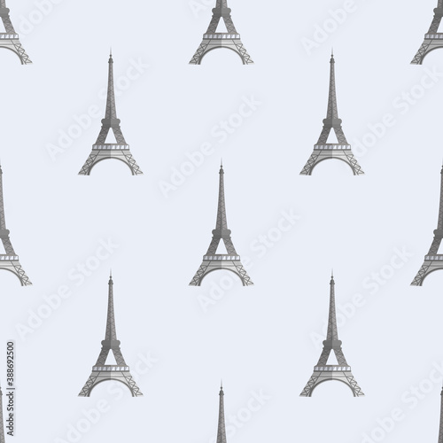 Seamless pattern with the Eiffile Tower. Suitable for backgrounds, postcards, and wrapping paper. Vector.