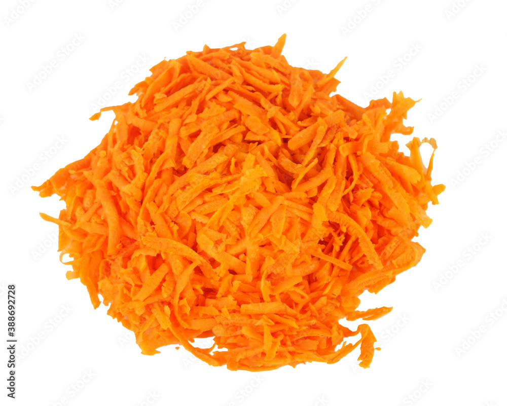 Fototapeta premium Bunch of a grated carrots on a white background, isolated