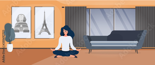 The girl is meditating in the room. Woman practices yoga in the office. Sport and healthy lifestyle concept. Vector.
