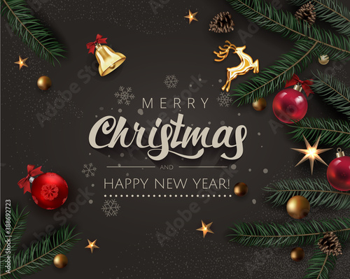 Christmas Celebration Rich Dark surface Background with Realistic Christmas Tree Branches, Fir Cones, Gold Stars and Red Christmas Ball. Greeting Card , Banner or Card Design Template