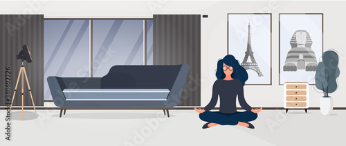 The girl is meditating in the room. Woman practices yoga in the office. Sport and healthy lifestyle concept. Vector.