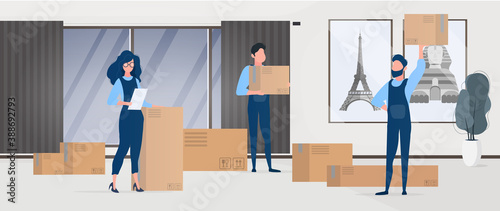 Moving home. Office relocation to a new location. Movers carry boxes. The concept of transportation and delivery of goods. Vector.