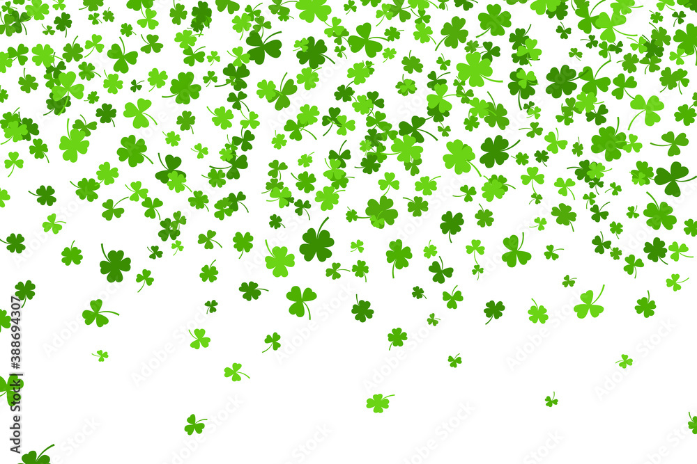 Shamrock or clover leaves flat design green backdrop pattern vector illustration isolated on white background. St Patricks Day shamrock symbols decorative elements. Shamrock or clover leaves flat design green backdrop pattern vector illustration isolated on white background. St Patricks Day shamrock symbols decorative elements.