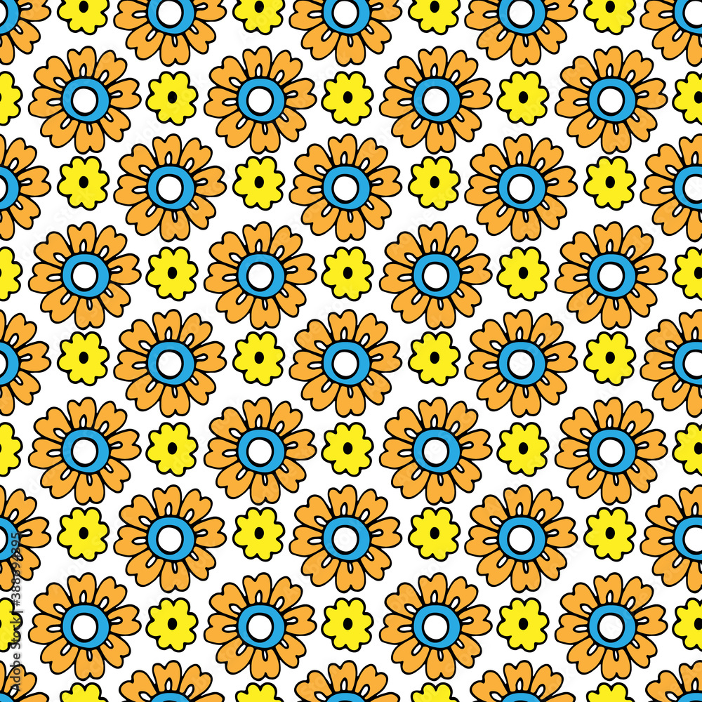 Bright seamless pattern with hand drawn doodle flowers