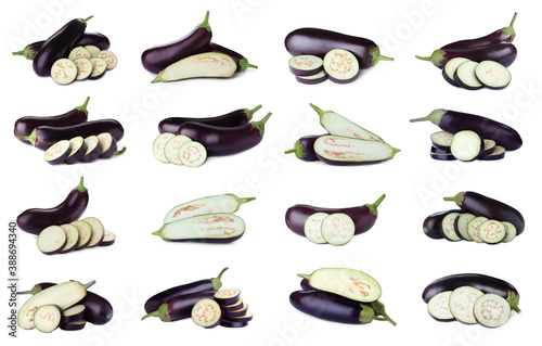 Set of cut and whole fresh eggplants on white background