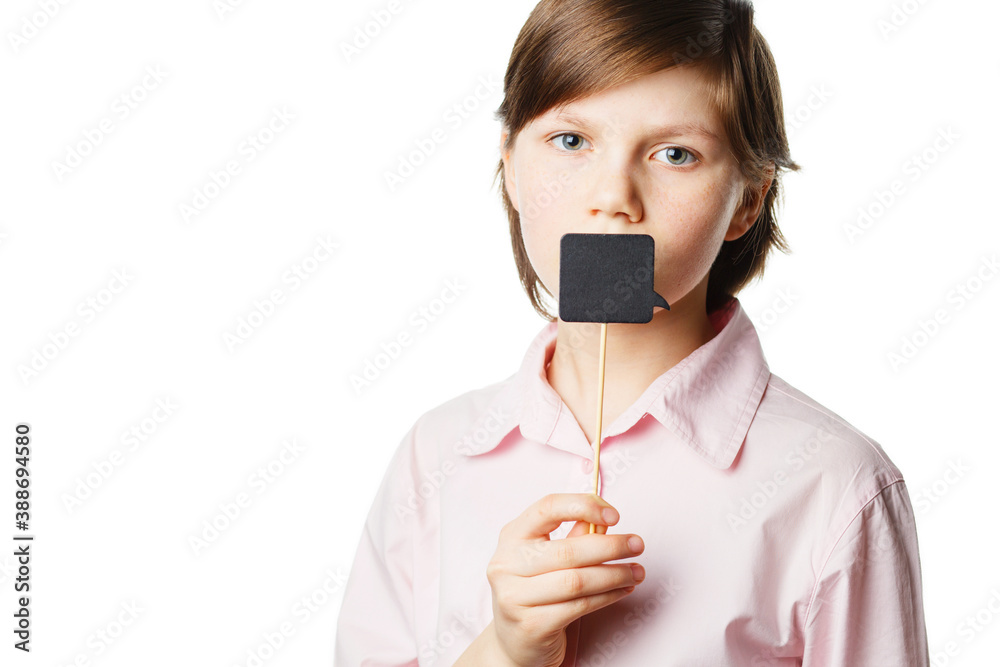 sad girl with black speech bubble near her mouth sad girl with black speech bubble near her mouth