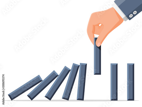 Businessman hand stopping domino effect. Business man stops falling dominoes with finger. Finishing chain reaction. Successful intervention, solution. Cartoon flat vector illustration