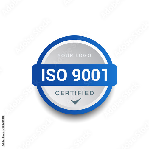 ISO 9001 Certified badge logo design. Certification standard verified modern blue vector illustration.