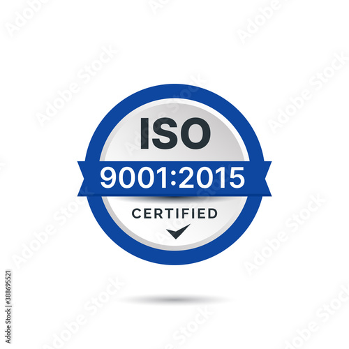 ISO 9001 Certified badge logo design. professional certification standard verified modern blue vector illustration.