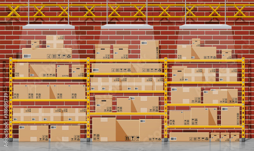 Warehouse interior with goods and container package boxes. Pile cardboard boxes set. Carton delivery packaging open and closed box with fragile signs. Vector illustration in flat style