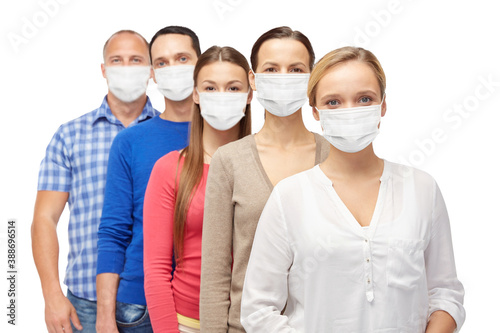 family, gender and people concept - group of men and women wearing face protective medical mask for protection from virus disease on white background
