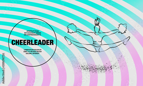 Cheerleader jumps and doing splits with pom poms. Vector outline of sport dance illustration.