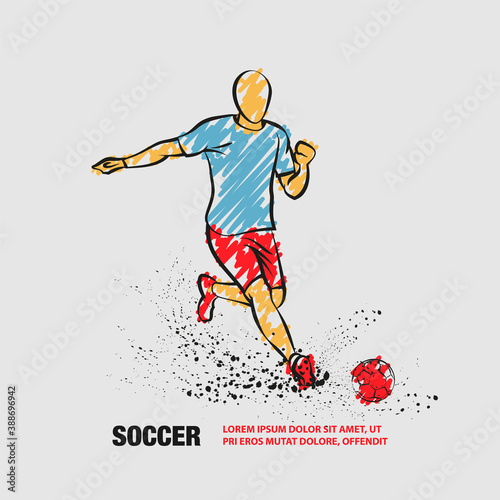 Soccer striker. Vector outline of soccer player hits the ball with scribble doodles style drawing.