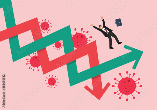 Businessman losing his balance on stock market graph due to COVID-19 pandemic