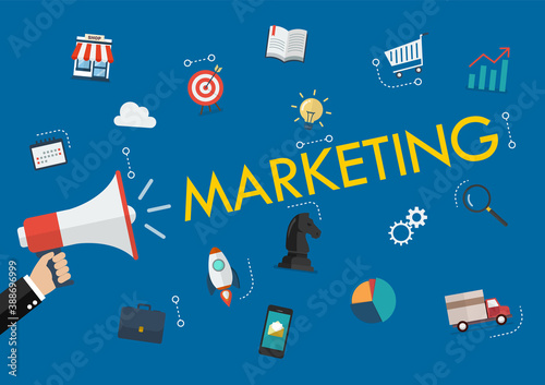 Hand holding megaphone with marketing word and icons
