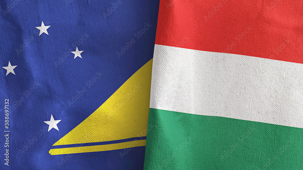 Hungary and Tokelau two flags textile cloth 3D rendering