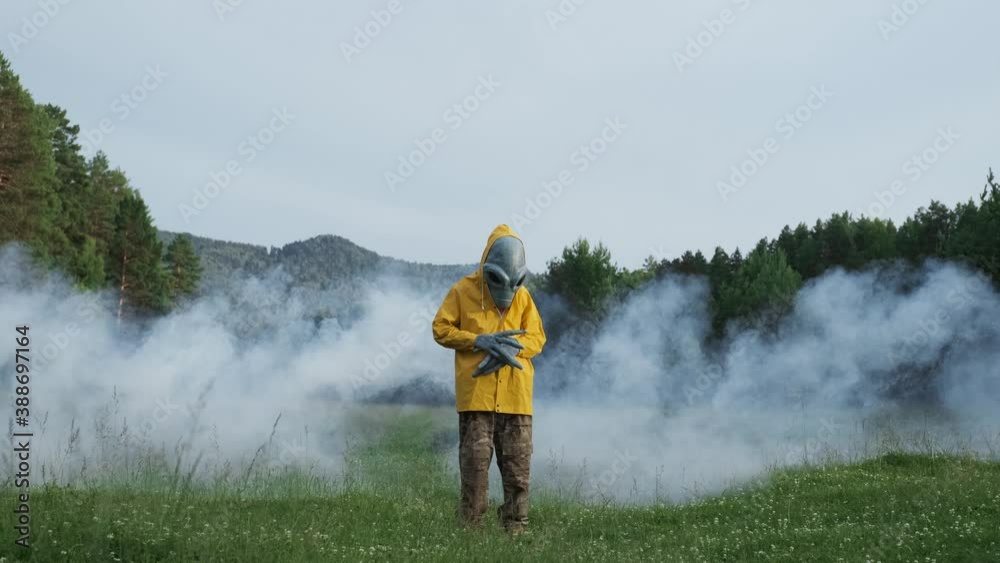 aliens in smoke. alien has arrived on earth and is standing in forest ...