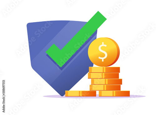 Financial protection guarantees, money insurance icon, cash secure safety shield vector, coverage trust savings defence concept sign