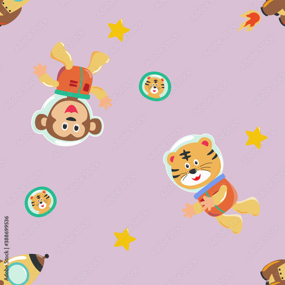 Obraz premium Vector seamless pattern with cute little astronaut. Creative vector childish background for fabric, textile, nursery wallpaper, poster, card, brochure. Vector illustration background.