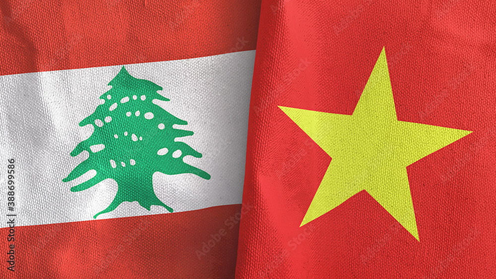 Vietnam and Lebanon two flags textile cloth 3D rendering Vietnam and Lebanon two flags textile cloth 3D rendering